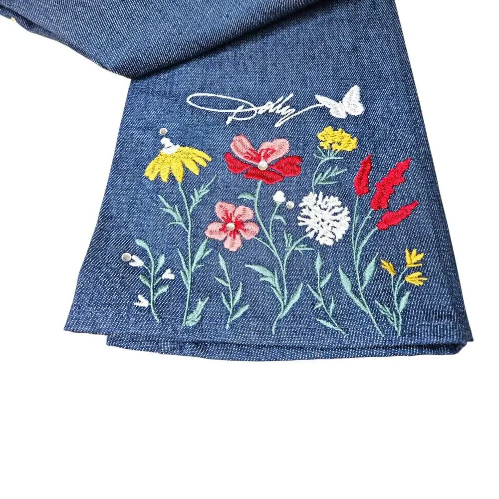 NEW Dolly Parton Embroidered Floral Butterfly Blue Denim Kitchen Towels(Set of 2